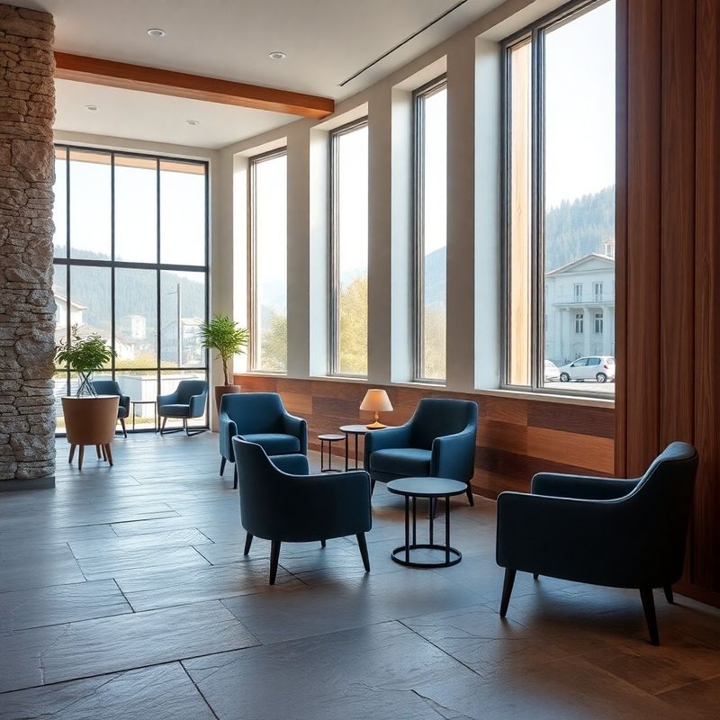 Minimalistična recepcija boutique pisarne z lesenim zidom in slate-modrimi stoli
